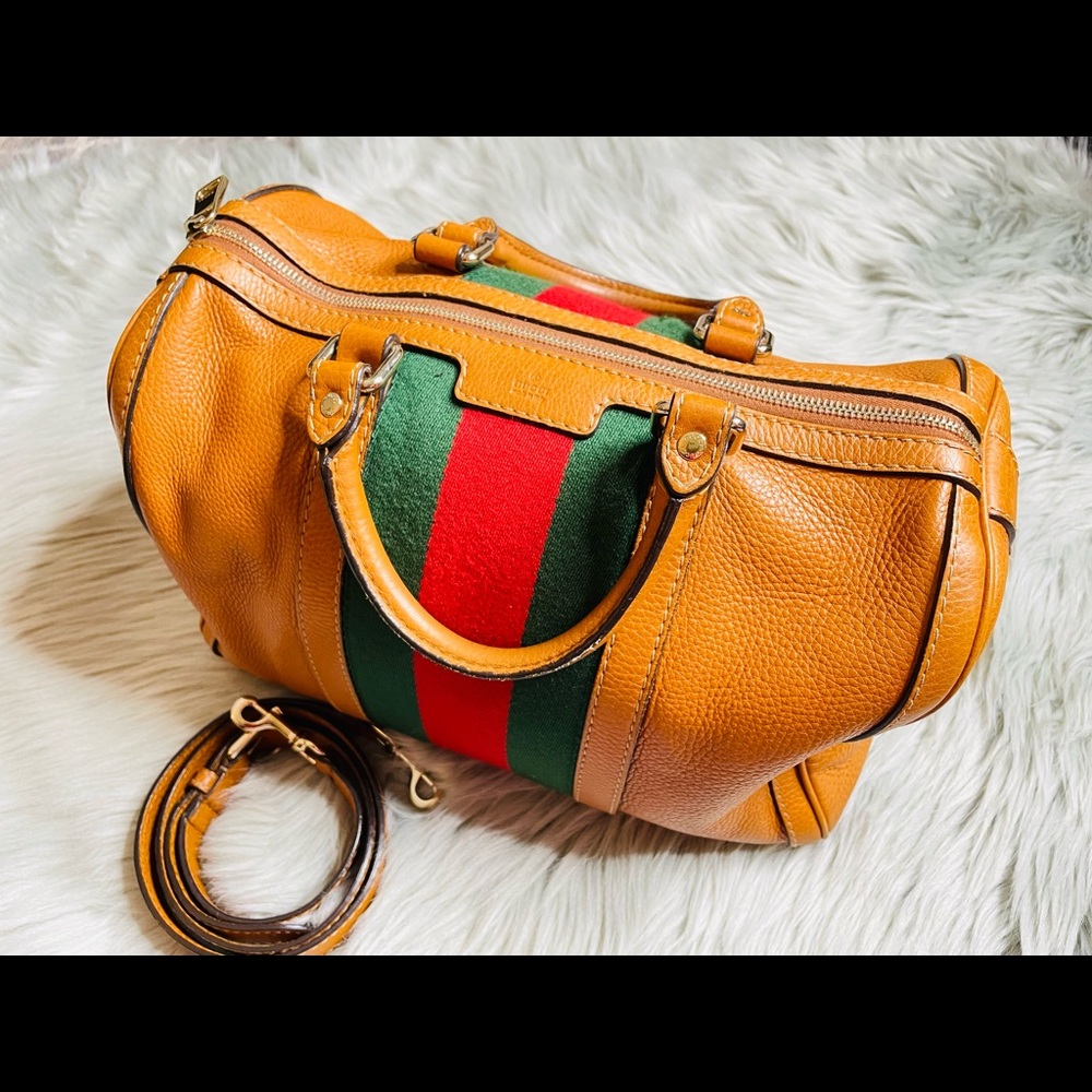 Gucci Brown Leather Vintage Boston Web Bag